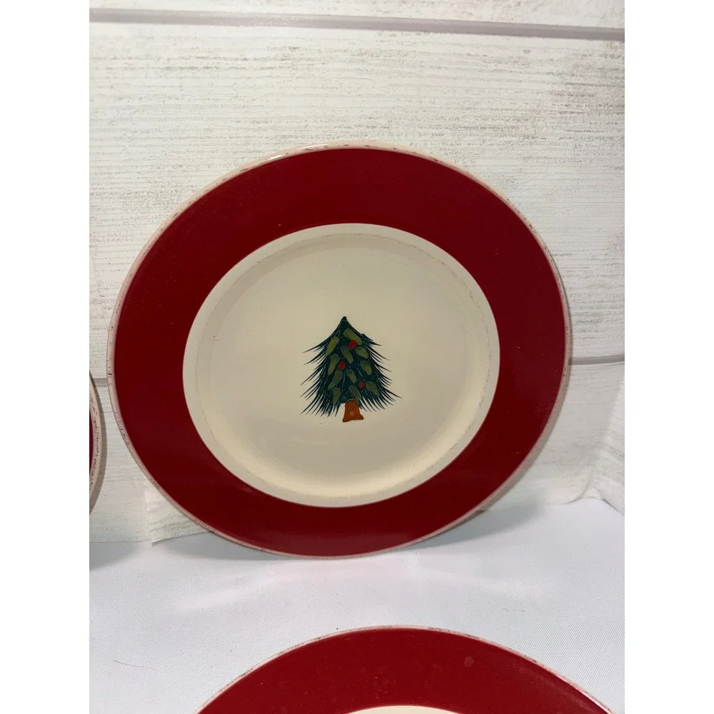 Pier 1 Rustic Tree Christmas Salad Plates Set 4 Red Rim Hand‎ Painted Stoneware